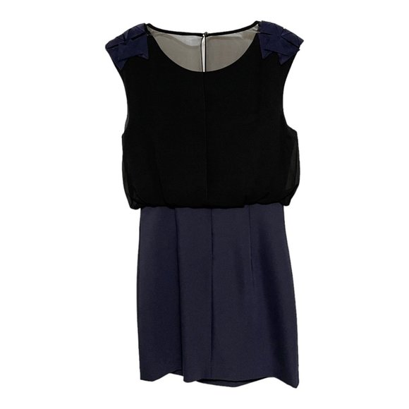 Tibi Size 4 Navy Sleeveless Origami Shoulder Mini Silk Combo Cocktail Dress - Picture 3 of 7